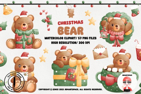 Christmas Bear Watercolor Clipart for Modern Illustrations