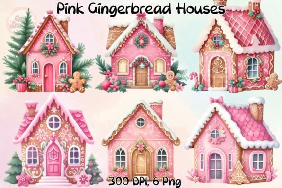 Christmas Pink Gingerbread House Clipart for Illustrations