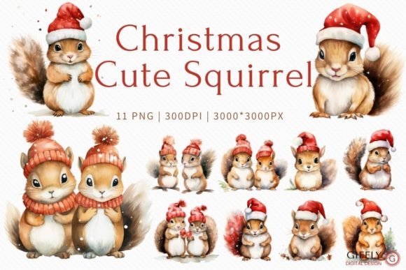 Christmas Squirrel Watercolor Clipart