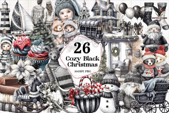 Cozy Black Christmas Watercolor Clipart for Brand Illustrations