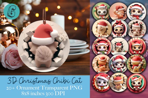 Cute Cat Christmas Ornament 2-sided Pack for Illustrations