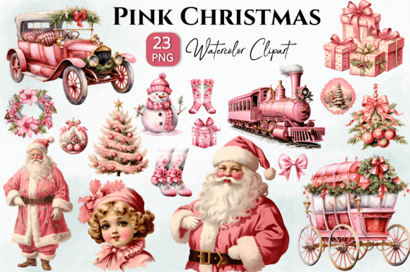 Pink Christmas Watercolor Clipart Png for Illustrations