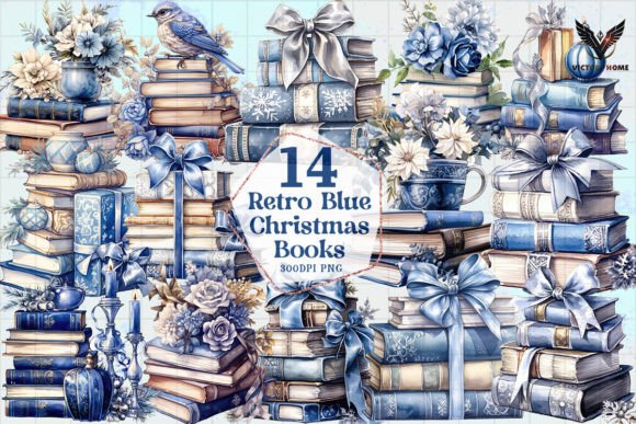 Retro Blue Christmas Books Clipart PNG for Creative Illustrations