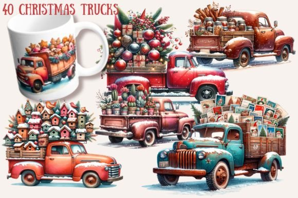 Watercolor Christmas Truck Collection: Artistic Illustrations for Publishing